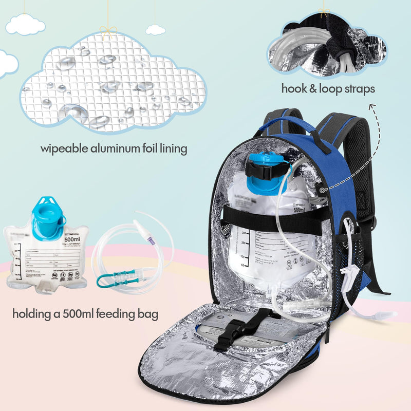 [Australia - AusPower] - LUXJA Feeding Tube Backpack for G Tube, J Tube and GJ Tube, Feeding Pump Backpack Fits 500ml Feeding Bag and Enteral Feeding Pump (Compatible with EnteraLite Infinity and Kangaroo Joey), Blue 