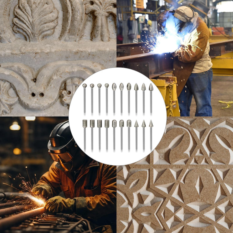 [Australia - AusPower] - VZU Diamond Cutter Set, 20 Pieces Diamond Burrs with 1/8 Inch Shank Grinding Attachments for Dremel Rotary Tool, Diamond Grinding Pins for Stone, Glass, Ceramic, Grinding, Polishing and Engraving 