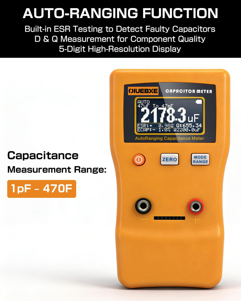 CapMaster 470F Digital Capacitor Tester with ESR Estimation, 0.01pF–470F Capacitance Meter for HVAC & Appliance Repair,±1%–±12% Accuracy, Auto Range