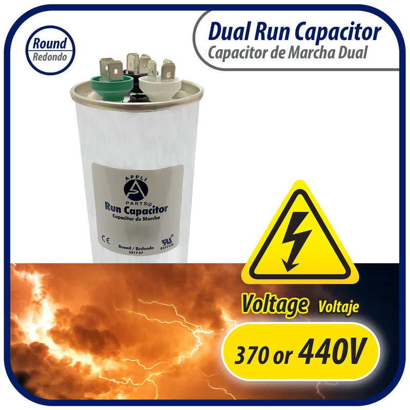 Appli Parts CON-45/10-450 Dual Run Capacitor for ac 45+10 Mfd uF (microfarads) 370VAC or 450VAC Round Universal fit for hvac and other applications 5-3/8 in High 2-1/8 in Wide