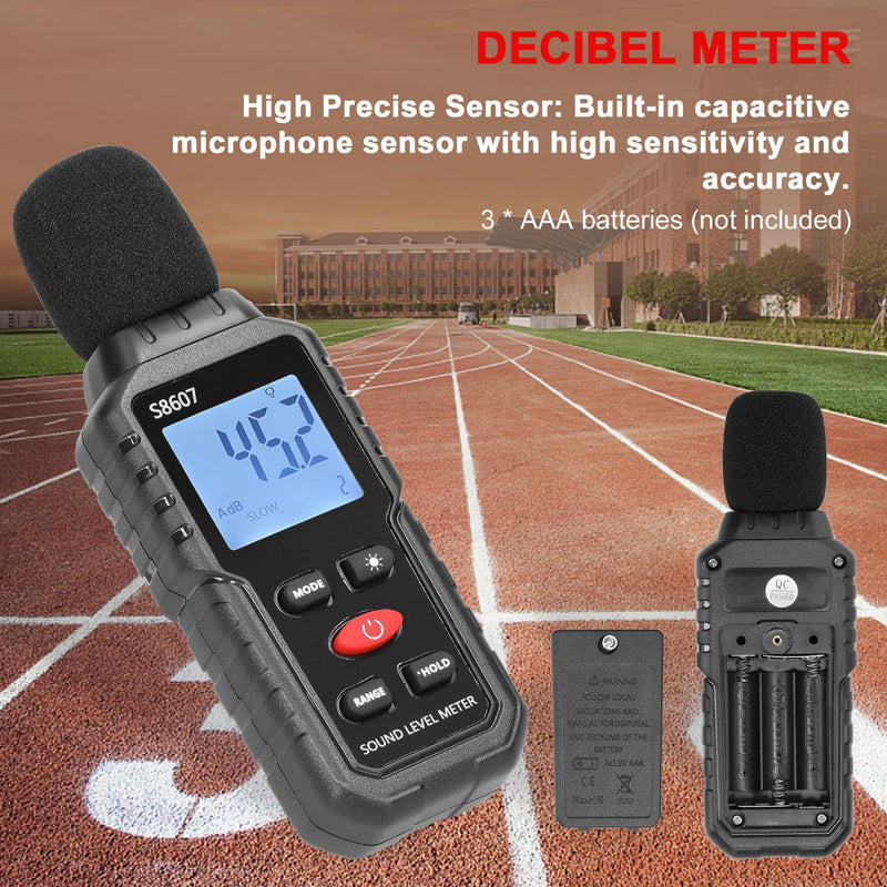 Decibel Meter, S8607 Digital Sound Level Meter 30-130 dB with LCD Display with Backlight MAX/MIN, Portable SPL Meter with Data Storage, High Precision