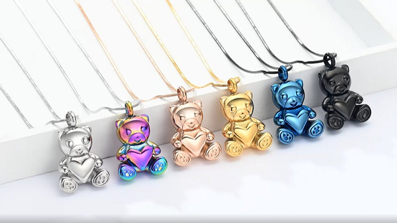 Cremation Jewelry - Teddy Bear Urn Necklace for Men Women with Mini Keepsake Urn Memorial Ash Jewelry Gold
