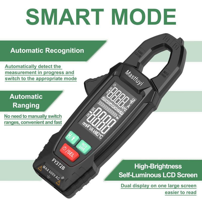 [Australia - AusPower] - Digital Clamp Meter Multimeter Tester T-RMS 6000 Counts, Auto-ranging Voltage Amp Tester with NCV Measures AC/DC Voltage, AC Current, Resistance, Capacitance, Frequency, Continuity, Live Wire FY372B 
