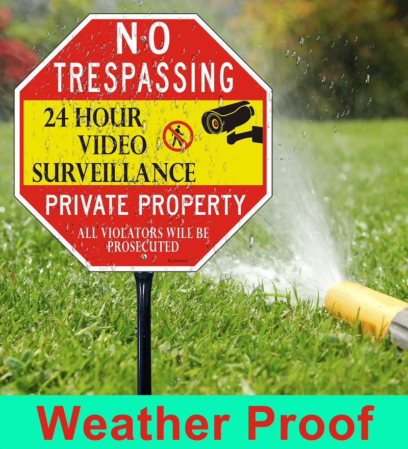 Large No Trespassing Sign Private Property with 36" Metal Stake - 12 x 12 Inches 24 Hour Video Surveillance Signs, Rust-Free& Fade Resistant Aluminum (1 Pack) 12"x12"- 1Pack with Stong stake Red