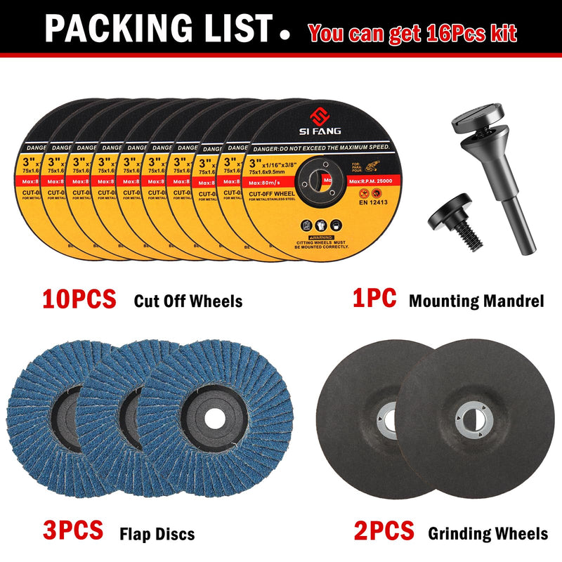 [Australia - AusPower] - SI FANG 16Pcs 3 inch Cut-Off Wheel Grinding Wheel Flap Discs Kit with 3/8" Arbor 1/4" Stem Mounting Mandrel Die Grinder Accessories Drill Attachment, Metal Stainless Steel Wood Cutting and Grinding Package 1 (16Pcs) 