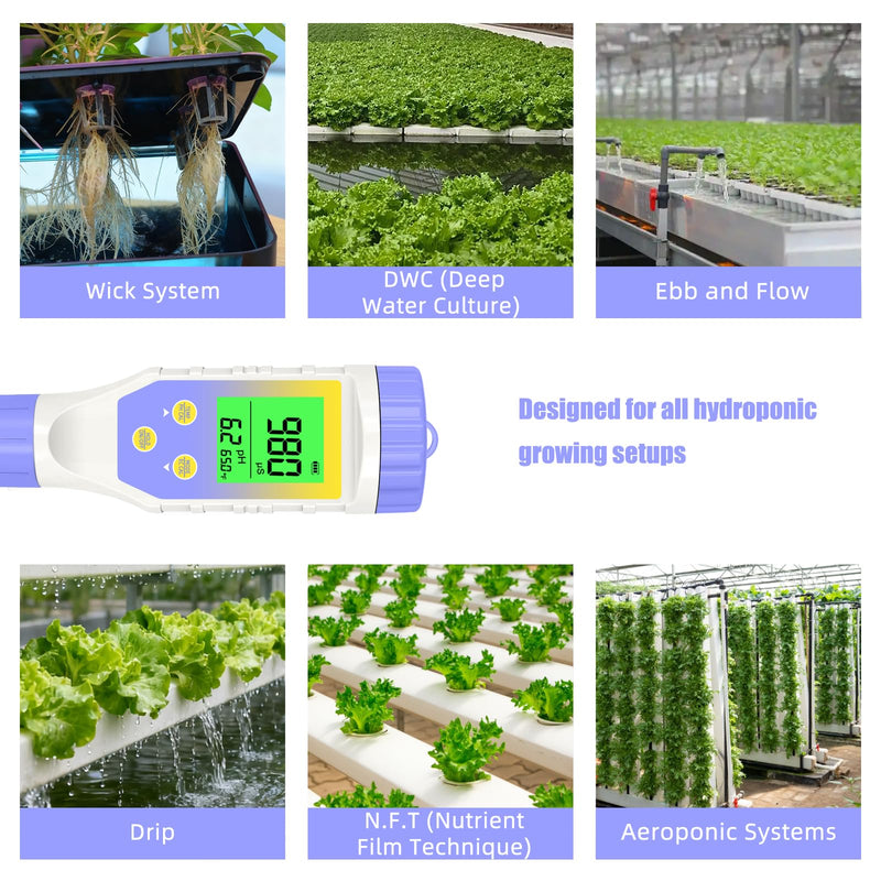 [Australia - AusPower] - pH Meter for Water Hydroponics, 5-in-1 pH TDS EC Salt Tester for Water Nutrient Solution, Simultaneous Display of pH EC Temp for DWC Reservoir Tank, Aeroponic Garden, Growing System Purple 