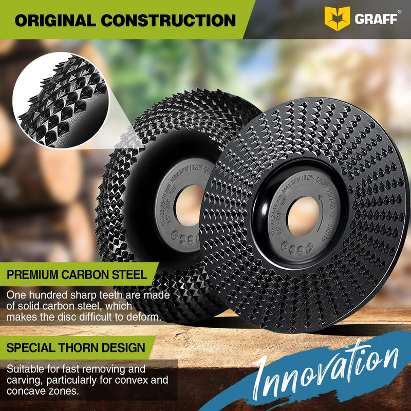 [Australia - AusPower] - GRAFF Premium Wood Carving Disc 4 1/2 Inch for Angle Grinder – Set Shaping and Grinding Wheel for Wood, Softwood, Hardwood – Woodworking Angle Grinder Attachment with 7/8" – 5/8" Arbor Ø 4 ½ Inch Set Carving Blade 