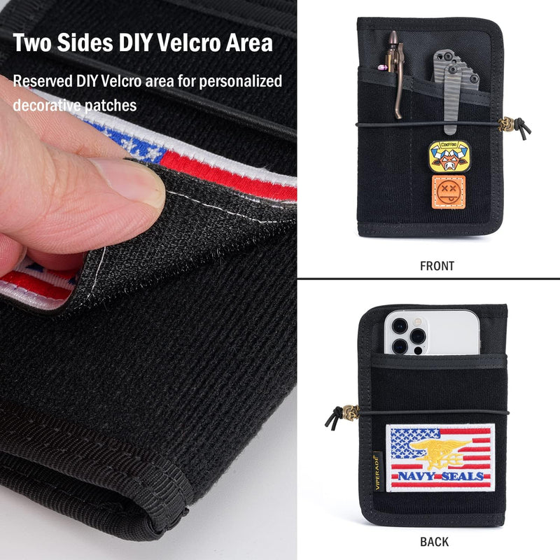 VIPERADE VE11 Pocket Journal Pouch, EDC Wallet Small Notebook Cover, Nylon Journal Cover for Field Notes, Utility EDC Organizer Pouch with DIY Patch Area Black