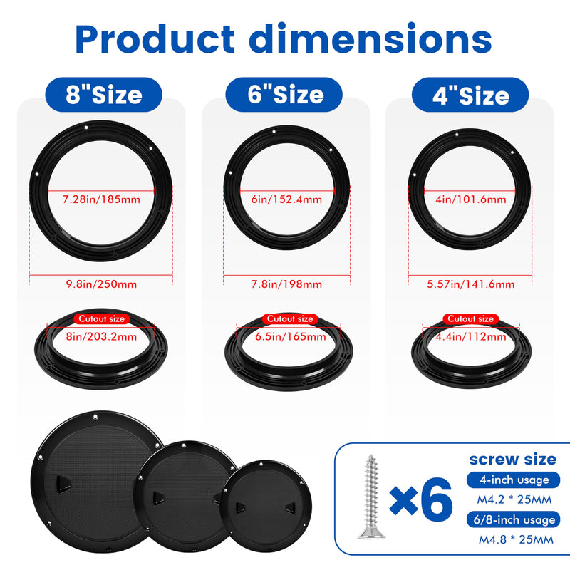 4"/6"/8" Boat Round Deck Plate Inspection Hatch，Deck Plates for Boats，Non-Slip Boat Hatch, Suitable for Ships, RV, Outdoor Facilities, ABS White Plastic, Attached 316 Stainless Steel Screw Black-4IN 1
