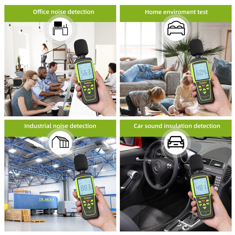 [Australia - AusPower] - Decibel Meter, Tadeto Digital Sound Level Meter Portable SPL Meter 30dB to 130dB(5 Measurement Range) Backlight LCD Display, MAX/MIN Noise Measurement, Audible and Visual Alarms,Data Hold, A/C Mode Green 