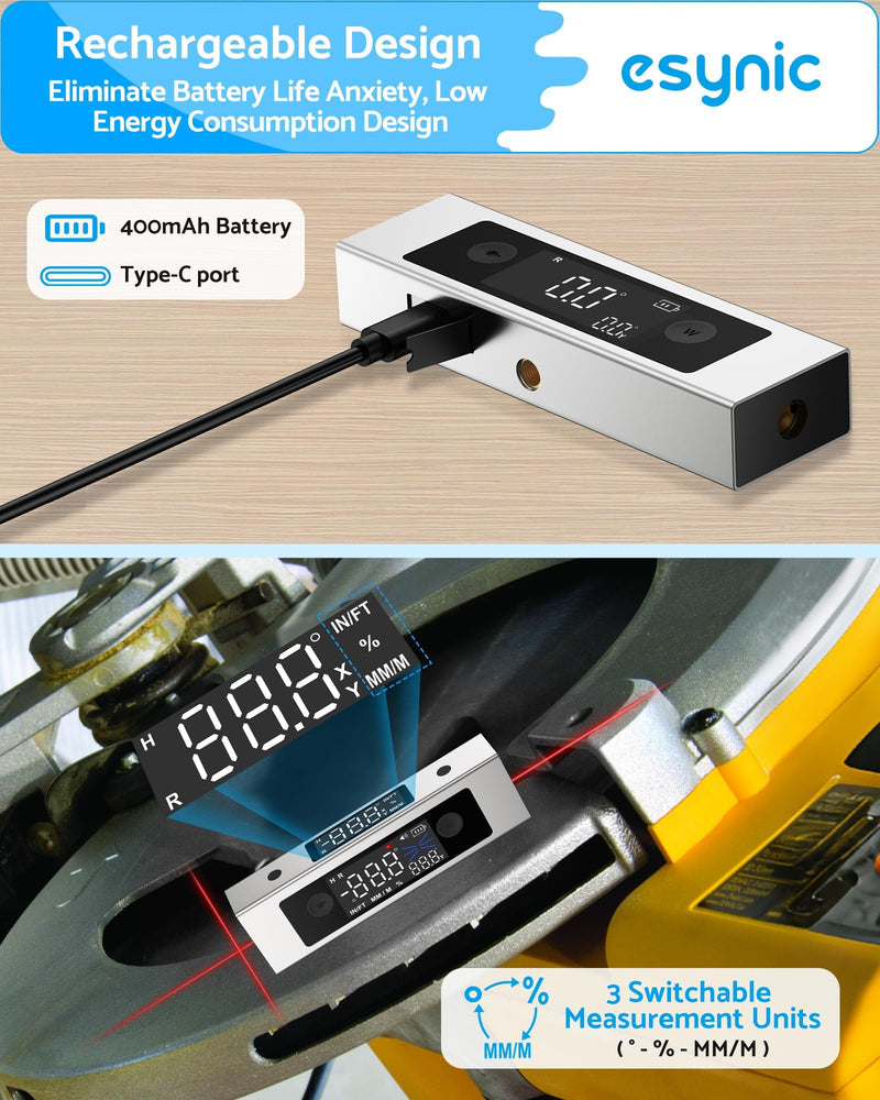 [Australia - AusPower] - eSynic Digitaler Neigungswinkelmesser mit Dual-Achsen, Präzisions-Inklinometer, Doppel-LCD-Display, Laser-Level, 4 * 90° Messbereich, Wiederaufladbar mit USB-C Silver 