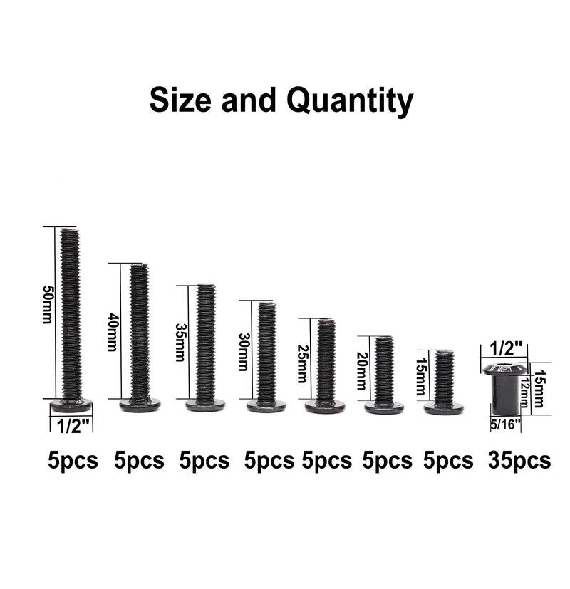 [Australia - AusPower] - Black M6 Hex Drive Socket Cap Bolts Kit, binifiMux 35-Set Allen Head Countsunk Furniture Crib Bolts Nuts Kit, M6x15mm/ 20mm/ 25mm/ 30mm/ 35mm/ 40mm/ 50mm 15mm/20mm/25mm/30mm/35mm/40mm/50mm 70pcs 