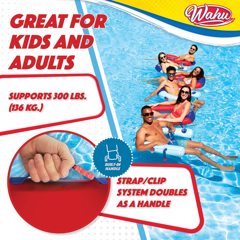 [Australia - AusPower] - WAHU Float Connex Aqua Pool Seat with Connex Clips, Cupholder, and Inflate Valve, Inflatable Pool Float Chair for Adults and Kids Ages 8+, Blue/Red 