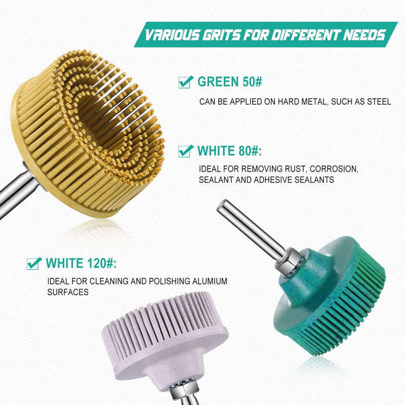 [Australia - AusPower] - 12 Pieces 2 Inch Bristle Disc Grits, 120# 80# 50# Abrasive Bristle Disc with 1/4 Inch Shank Attachment, White Green Yellow Gasket Coating Removal Disc for Metal 