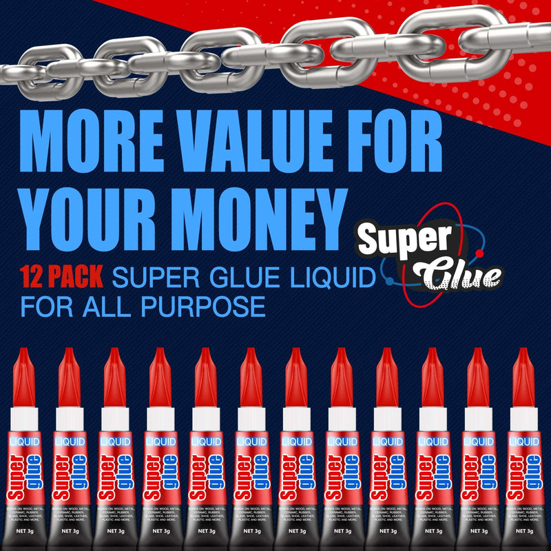 [Australia - AusPower] - 3 Gram (Pack of 12) Single Use Super Glue Liquid, Super Fast, Thin & Strong Adhesive Superglue, Cyanoacrylate Glue for Hard Plastics, DIY Craft, Ceramics, Leather, Metal Etc Pack of 12 