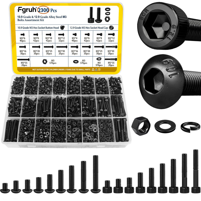 [Australia - AusPower] - 2300PCS M3 Screws with Nuts Assortment Kit and 272PCS M5 Hex Socket Head Bolts Assortment Kit, 12.9 & 10.9 Grade Alloy Steel Black Zinc Plated Screw for 3D Printer,DIY 