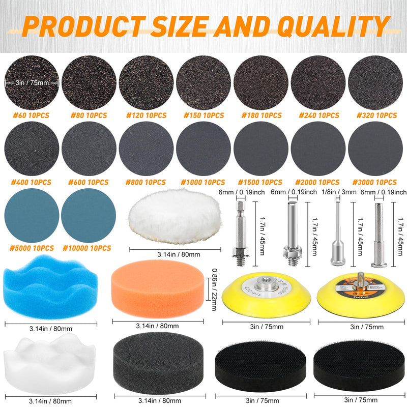 [Australia - AusPower] - Pack of 174 Polishing Attachments Cordless Screwdriver 75 mm Sanding Pads 60-10000 Grit Wet Sandpaper Polishing Pads Headlight Sanding Attachment for Drill, Sandpaper for Car, Metal, Wood, Colour 
