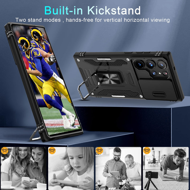 [Australia - AusPower] - DEERLAMN for Samsung Galaxy S24 Ultra Case with Slide Camera Cover+Screen Protector (1 Pack), Rotated Ring Kickstand Military Grade Shockproof Protective Cover-Black Samsung Galaxy S24 Ultra-6.8Inch Black 