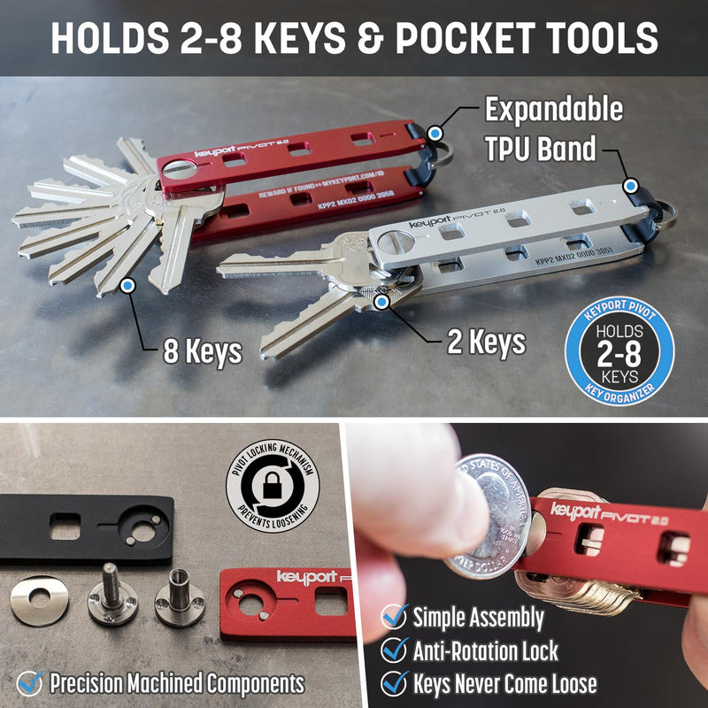 EDC Key Organizer Bundle - Compact Key Holder + Mini-Flashlight + 10-in-1 Keychain Multitool + Lost & Found - Premium Pocket Tool - Unique Gift for Men - Keyport Pivot 2.0 Essential Plus Kit (Silver) Silver
