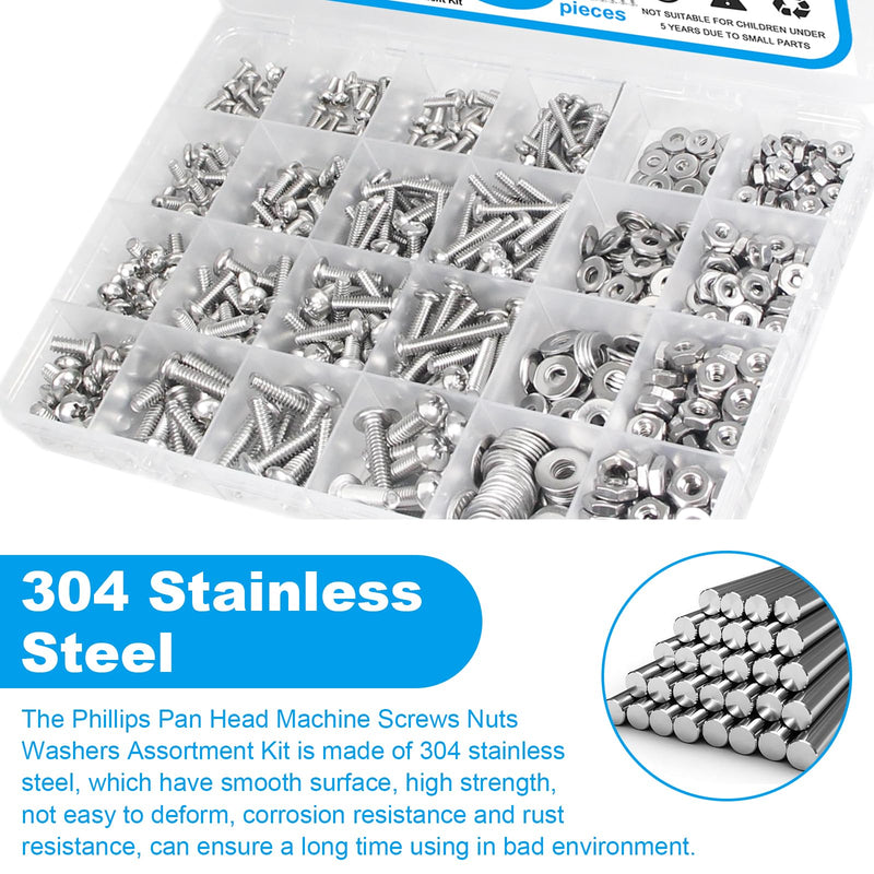 720pcs #4-40#6-32#8-32#10-24 Phillips Pan Head Machine Screws Nuts Washers Assortment Kit,304 Stainless Steel, Coarse Thread, Fully Machine Thread #4-40 #6-32 #8-32 #10-24