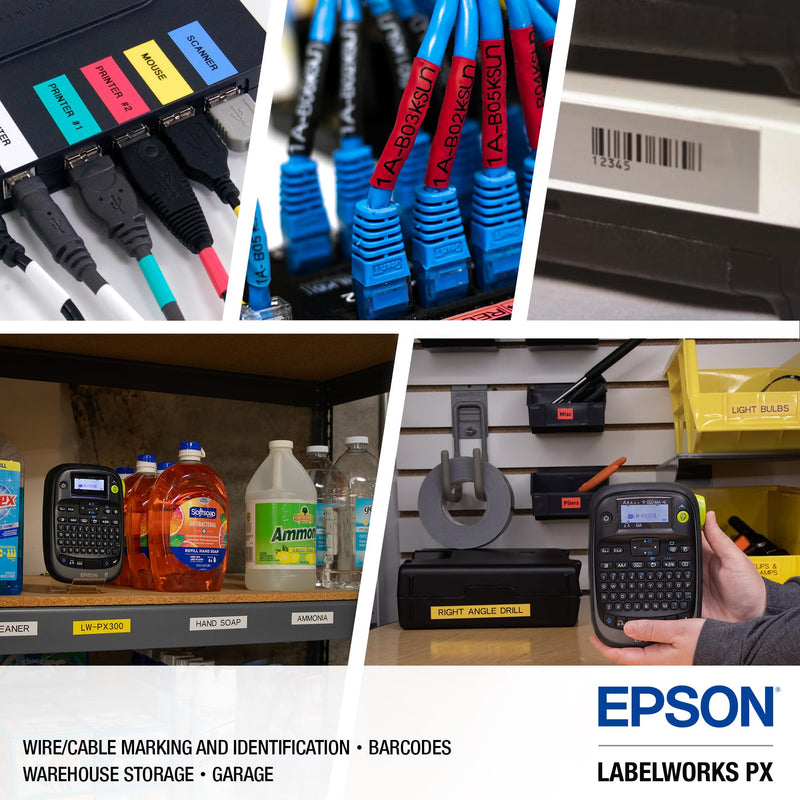 LABELWORKS Epson Restaurant Deli Organizer Bundle - LW-PX300 Industrial Label Maker and 212WBPX PET (Polyester) Tape Cartridge - White on Black Industrial Label Maker Tape