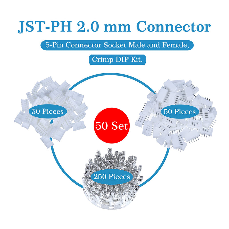 [Australia - AusPower] - JST PH 2.0 mm Pitch 5-Pin Electronic Computer Connector IC Male Plugs, Female Sockets Housing and T-Shaped Crimp Terminal Kit. 50 Sets/350 Pieces Wire-to-Board Adapter Cable Assembly. 