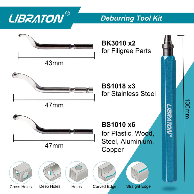 [Australia - AusPower] - Libraton Deburring Tool with 11 High Speed Steel Blades, 360 Degree Rotary Head Deburring Tool for Metal, Resin, Aluminum, Copper, Plastic, 3D Printing, Wood 11Blades(Mixed 3 Types) A 