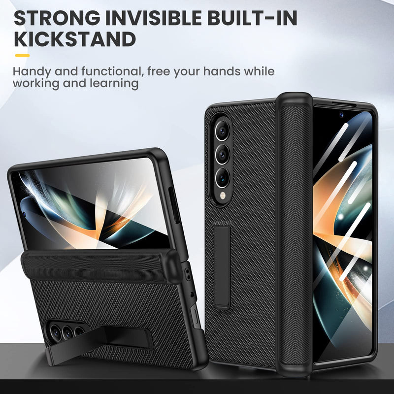 [Australia - AusPower] - Ruky Kickstand Case for Galaxy Z Fold 4, Hinge Protection, Full Body & Built-in Screen Protector, PU Leather Stand Case for Samsung Galaxy Z Fold 4 5G, Carbon Fiber 