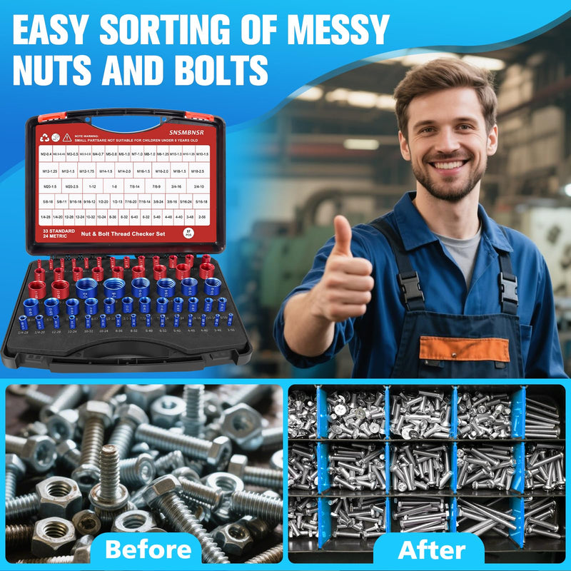 57Pcs Thread Checker, Nut and Bolt Thread Checker 33 Standard and 24 Metric Set, Thread Gauge Suitable for Nut or Bolt Size Finder in Narrow and Tricky Areas 57 Gauges - 33 Inch & 24 Metric