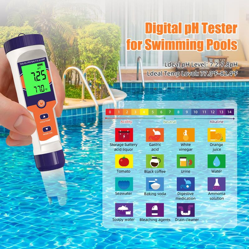 [Australia - AusPower] - 7-in-1 Digital Pool Salt Tester | pH, ORP, Salinity, TDS, EC, Temperature Meter for Saltwater Pools, Hot Tubs, Spas, Aquariums, Hydroponics，Saltwater Pool Tester Dark blue 