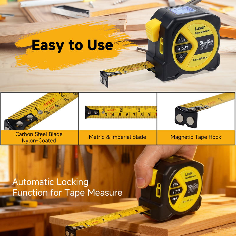 2-in-1 Digital Tape Measure with Laser, Rechargeable Laser Measuring Tool | 164Ft/50m Laser Measure & 16Ft/5m Auto-Lock Tape | w/Backlit LCD Display, Area & Volume Calc | Ft/in/M/Ft+in Units