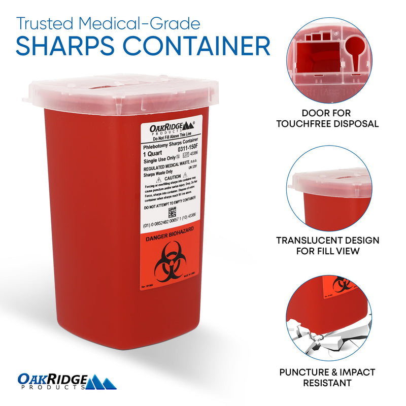 [Australia - AusPower] - Oakridge Products Sharps Container for Home Use and Professional 1 Quart (1-Pack), Biohazard Needle and Syringe Disposal, Flip-up Lid with Integrated Needle Inwinder, CDC Certified 