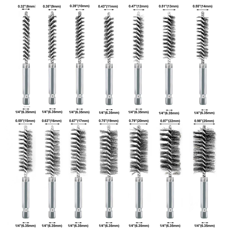 [Australia - AusPower] - ASNOMY 14Pcs Stainless Steel Bore Brush,5/16"-1" Stainless Steel Bristles Wire Brush Bore Cleaning Brush Set for Power Drill Cleaning, Abrasive Wire Brush with 1/4" Hex Shank 14Pcs 5/16''-1'' Inch Bore Brush 