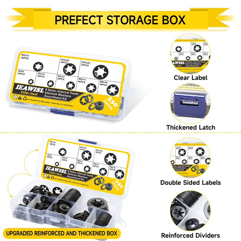 [Australia - AusPower] - Internal Tooth Starlock Washers, 330PCS 8 Size Quick Speed Locking Washers, Push Nuts, 65Mn Steel Flanged M7 and Regular M3/M4/M5/M6/M8/M10/M12 Retainning Clips Fasteners Assortment Kit 