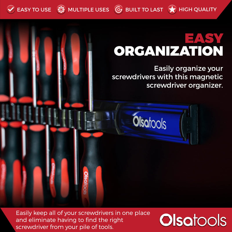 Olsa Tools Magnetic Screwdriver Organizer - Screwdriver Holder with Strong Magnets and Foam Backing - Professional Tool Holder and Tool Organizer - Stores up to 16 Screwdrivers - Blue - Part: 1114 1 piece Blue Organizer / Black Clips
