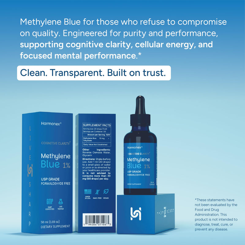 Methylene Blue Drops for Humans 1% USP Pharmaceutical Grade | Methylene Blue Supplement for Focus & Cellular Energy | Formaldehyde & Alcohol Free, Third-Party Tested, Made in USA, 50ml | Harmonex