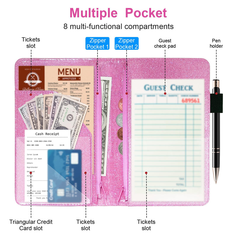 [Australia - AusPower] - Server Book with 2 Zipper Pockets, Leather Server Book Organizer for Waitress, Bling Waiter Book Money Wallet with Pen Holder, Guest Check Presenter, Restaurant Waitstaff Organizer, Glitter Pink 