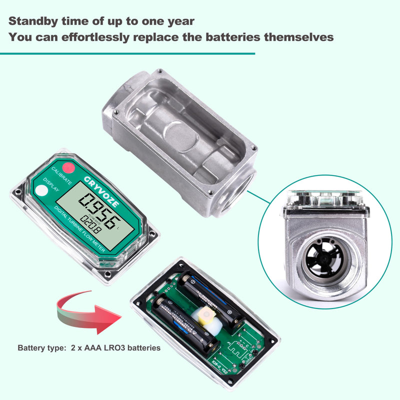 [Australia - AusPower] - 1 Inch Digital Turbine Fuel Flow Meter, 2.6-26 GPM Inline NPT Thread Flowmeter with 3/4 in Adapters for Water, Diesel, Gas Oil, Gasoline, and Other Liquids - Supports Gallon, QTS, PTS, L, m³ 1 inch & 3/4 inch 