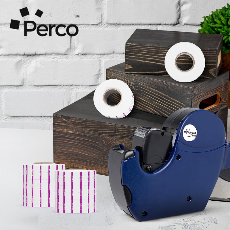 Perco 1 Line Purple Reverse Print on White Bakery Labels — 8,000 Labels for Perco Lite, X, Plus & Pro Guns—with Tamper-Proof Design for Marking Breads, Pastries, Cakes — 8 Rolls, 1 Sleeve—Made in USA