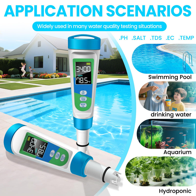 [Australia - AusPower] - KingSom Pool Salt Tester,Digital Salt Water Pool Tester & PH Tester for Aquarium,High Accuracy Digital Salinity Tester,5 in 1 Salinity PH Temp EC TDS Meter,Pool Water Tester for Swimming Pool Hot Tub 