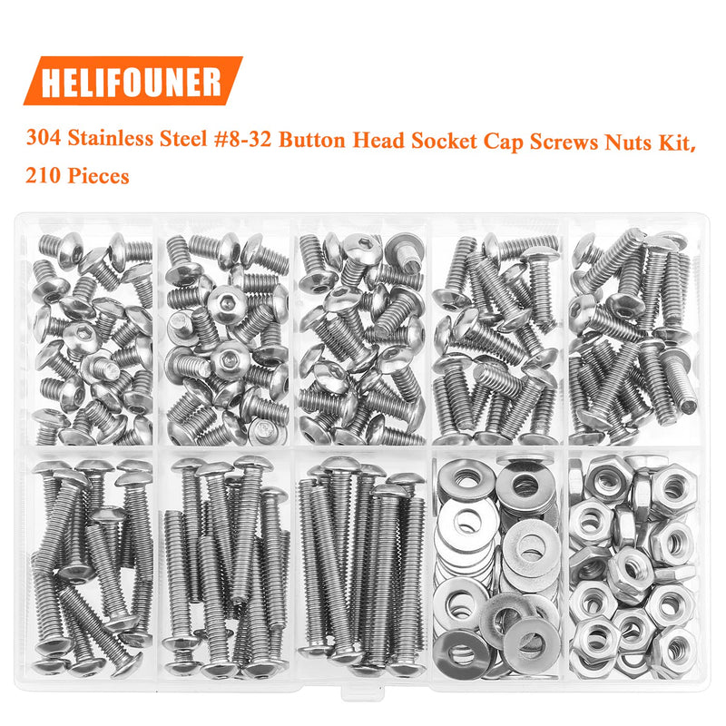 [Australia - AusPower] - 210 Pieces #8-32 x 1/4" 5/16" 3/8" 1/2" 5/8" 3/4" 1" 1-1/4", Button Head Socket Cap Screws Bolts Washers Nuts Kit, Coarse Thread, Fully Machine Threaded, 304 Stainless Steel 