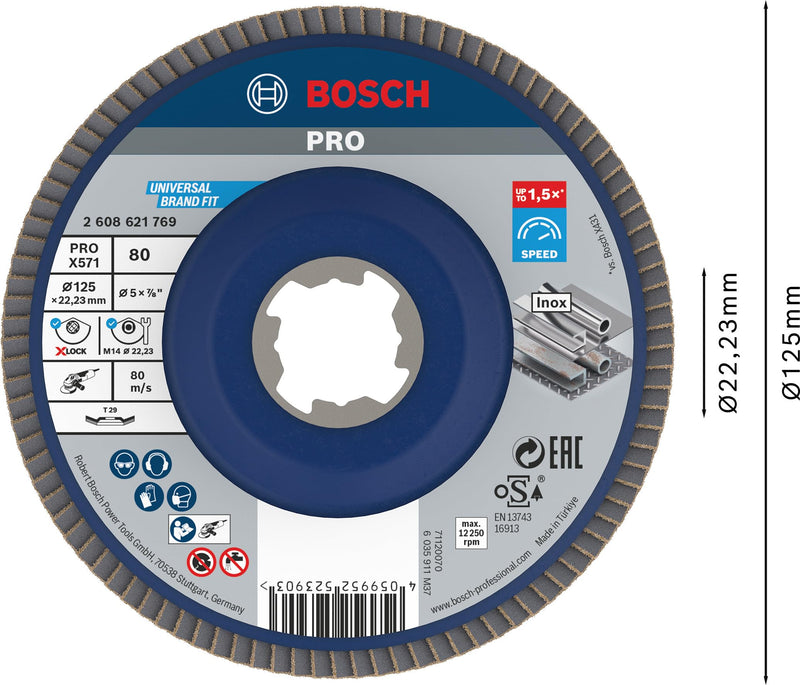 [Australia - AusPower] - Bosch 1 x Pro Metal X571 Flap Disc Angled Design for X-Lock (for Steel, Stainless Steel, Diameter 125 mm, Grit 80, Professional Accessories, Small Angle Grinder) Ø 125 mm 80 grit 