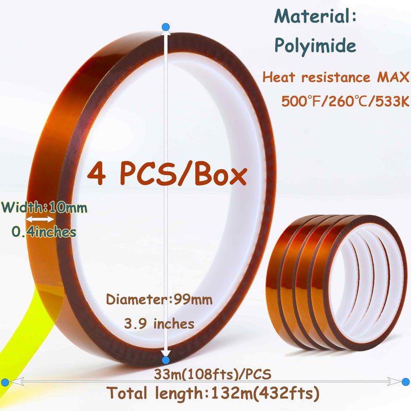 [Australia - AusPower] - Valley'sYuMiao 4Rolls,10mm×108fts, Heat Tape for Sublimation, Heat Resistant Tape, Heat Transfer Tape, Polyimide Tape, No Residue, Max Temp 500℉/260℃/533K, Total 432fts 4Roll 500℉max 