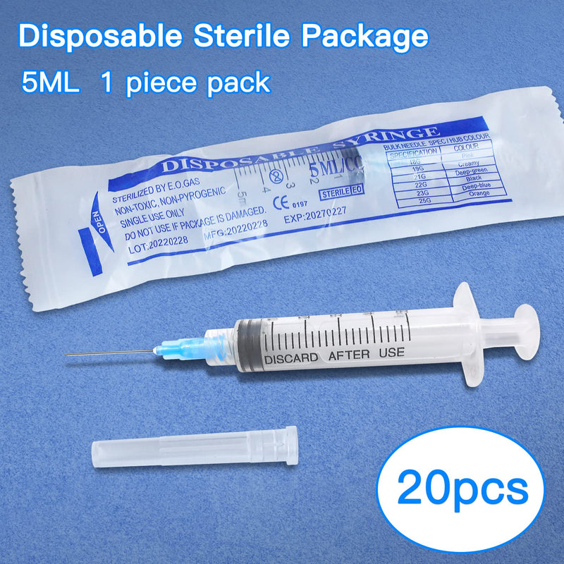 [Australia - AusPower] - 5ML Disposable syringe with Needle, Individually Wrapped (23Ga 25mm/1.0inch, Pack of 20) 5ML Needle Syringe 