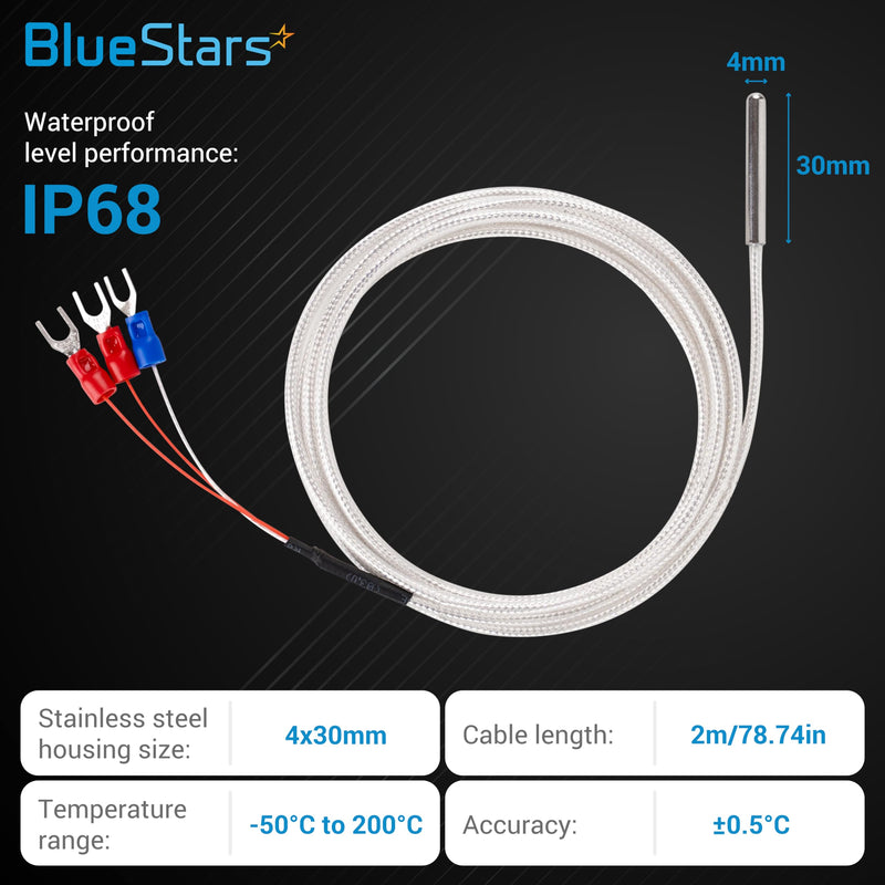 [Australia - AusPower] - Waterproof RTD PT100 Temperature Sensor - BlueStars Stainless Steel 3-Wire Digital Thermistor Probe for PID Temperature Controller 4x30mm with 2m/78.74in Cable -50°C to 200°C 