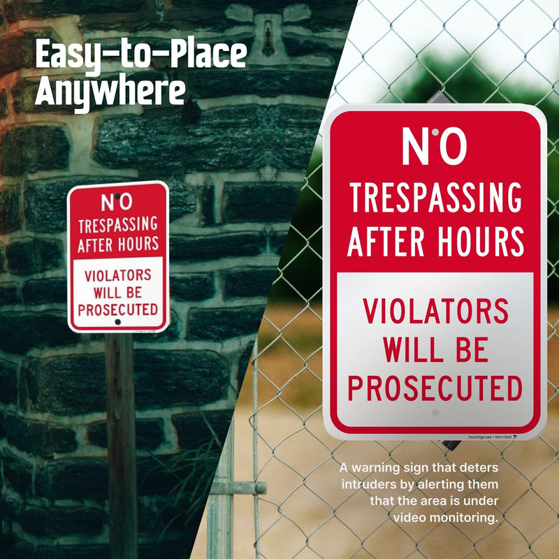 SmartSign No Trespassing After Hours Violators Prosecuted Sign - 2-Pack, 12" x 18", 80 mil Thick Aluminum Composite (ACM), Pre-Drilled Holes, Red and White, Made in USA 12" x 18" - AL ACM (Pack of 2)