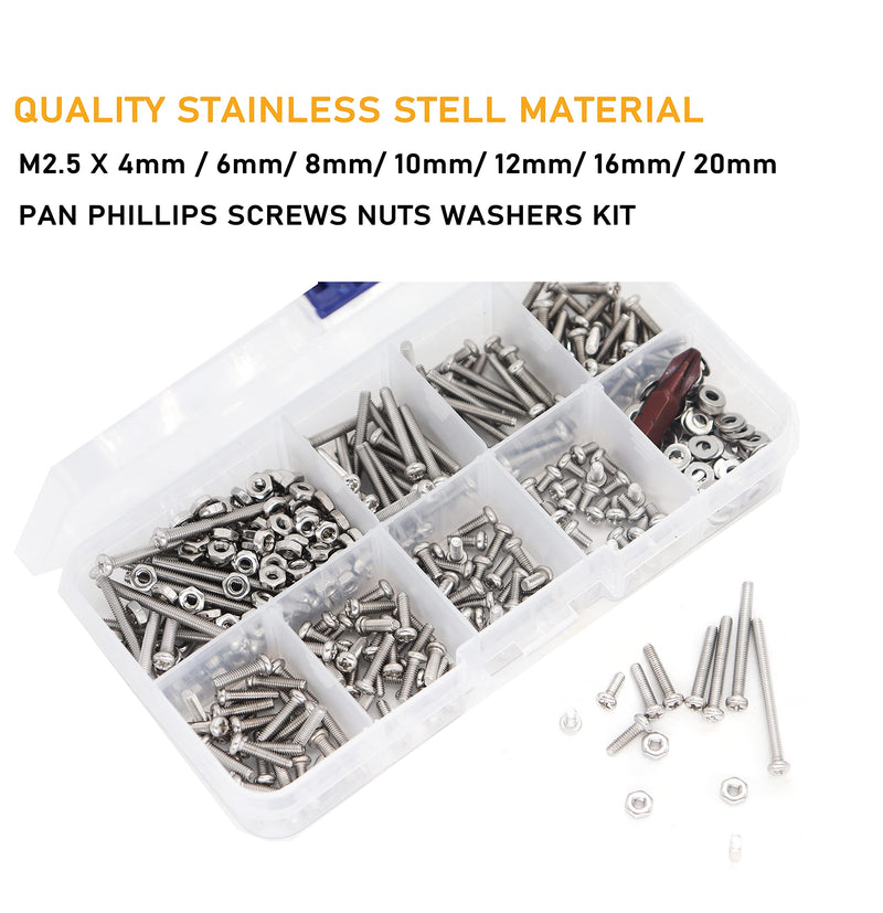 [Australia - AusPower] - binifiMux 430PCS M2.5 Pan Phillips Screws and M2.5 Hex Nuts/Flat Washers Assortment Kit, 304 Stainless Steel, 4mm / 6mm/ 8mm/ 10mm/ 12mm/ 16mm/ 20mm/ 25mm/ 30mm (Pack of 2) m2.5 (Pack of 2) 