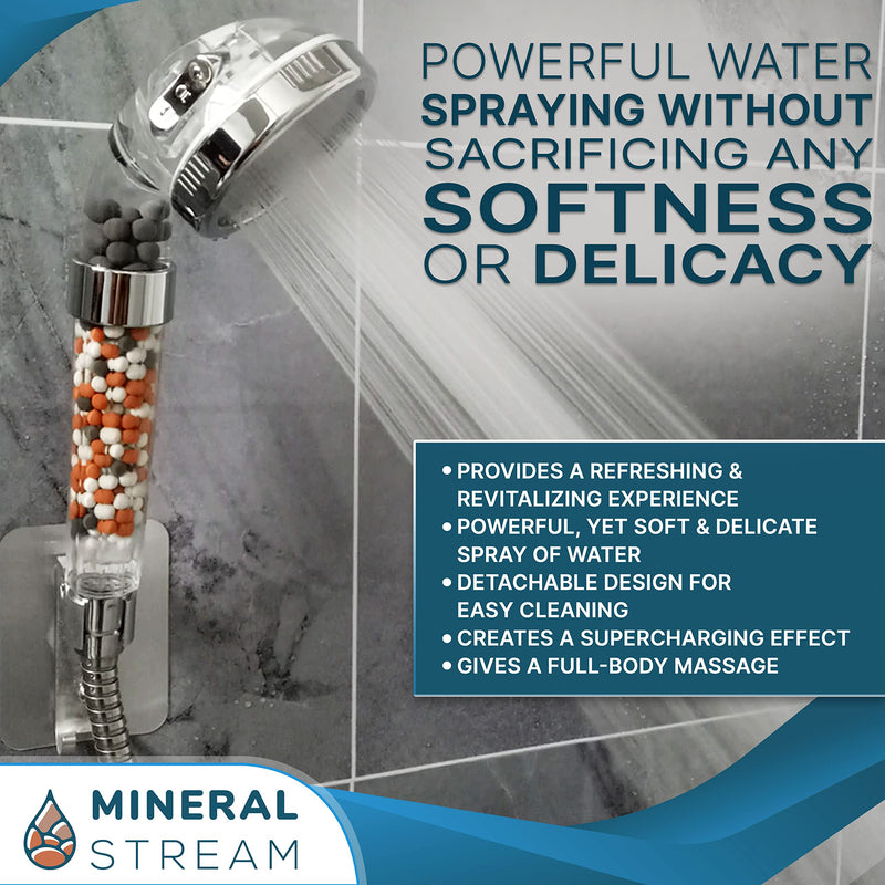 MineralStream Ionic Shower Head 2.0 | High Pressure Water Saving Showerhead with Filter Beads | Eco Water Spa Shower Heads for Hair & Skin Health