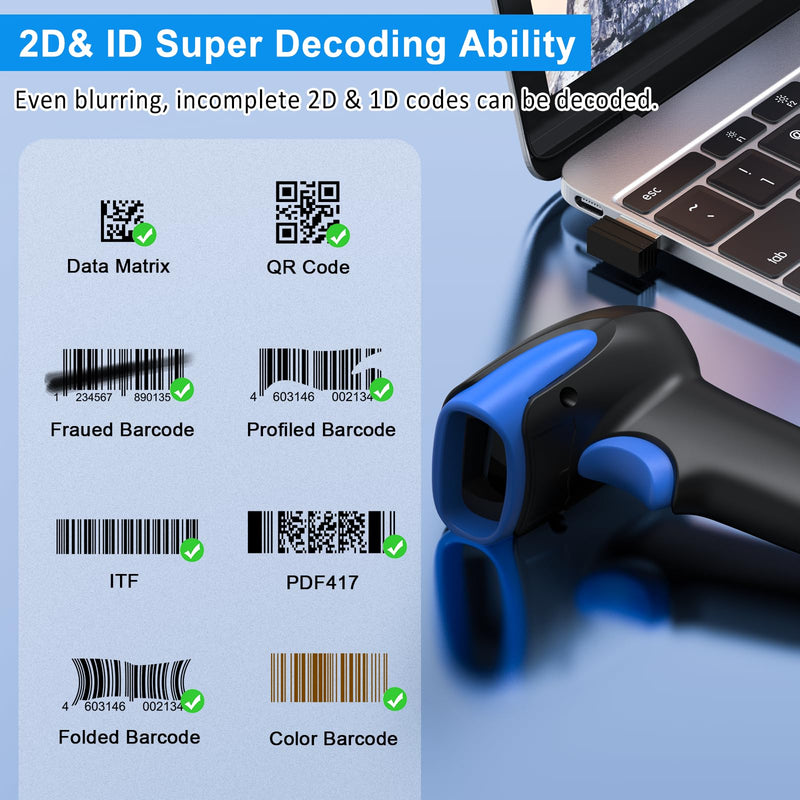 Symcode 2D Wireless Barcode Scanner,Bluetooth6.0 & Wireless2.4G & USB Wired Connection, 1D 2D QR Bar Code Reader Scanner Automatic Fast Precise scanning for Smart Phone, Tablet, PC Blue
