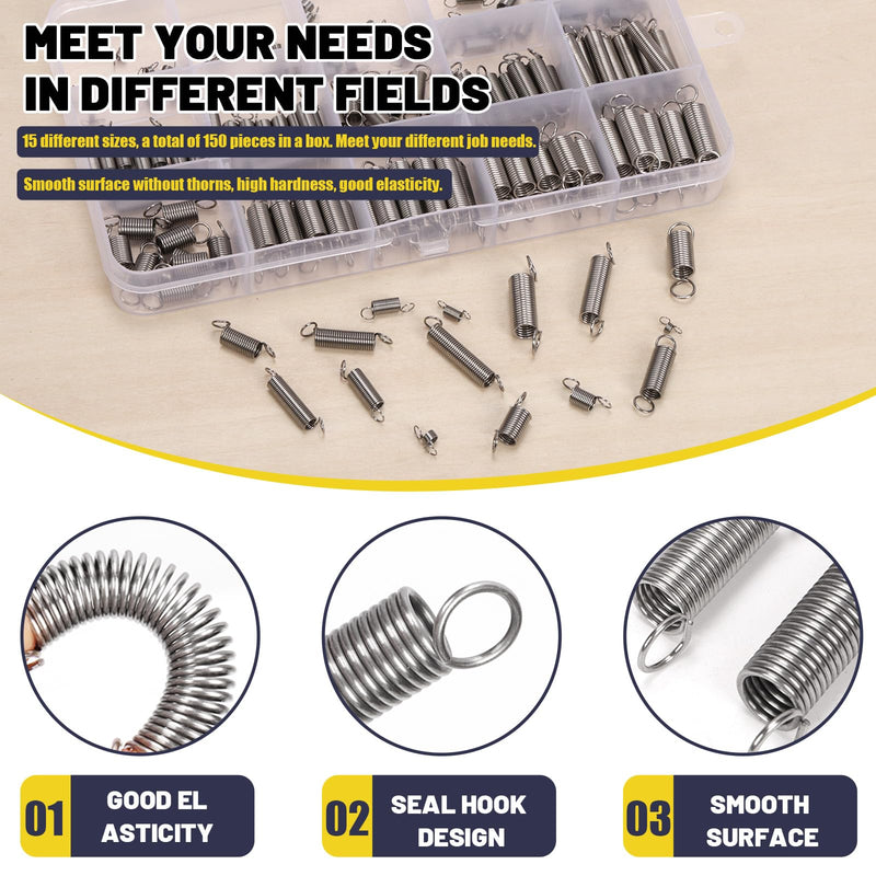 [Australia - AusPower] - 150Pcs 15 Sizes Stainless Steel Extension Springs Kit, Extension Spring with Hook Ends, Small Spring Compression Springs Mechanical Springs Tensile Spring for Home Repairs 150 